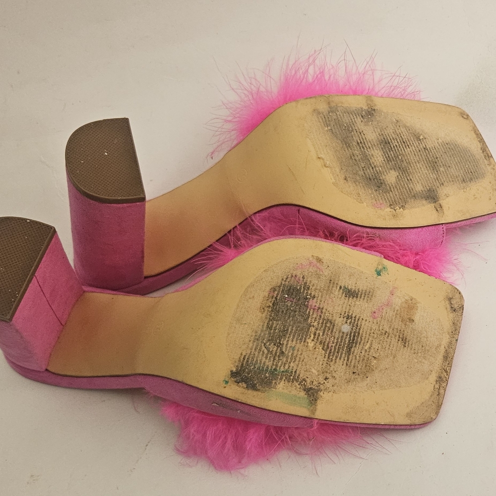 Liliana bright pink maribou feather 4" high square toe mules, size 10 - Picture 10 of 15